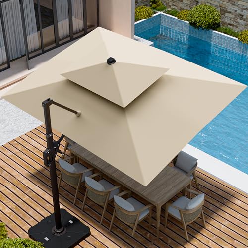 9' X 12' Cantilever Patio Umbrella with Base Included Double Top Rectangular Outdoor Large Offset Umbrellas with 7 Tilts Adjustable 360Rotation for Deck Pool Garden Backyard, Beige