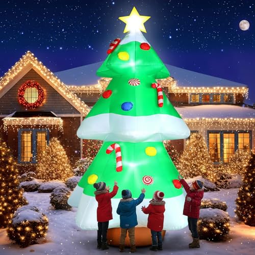 FunFanso 10FT Christmas Tree Inflatables Outdoor Decorations with LED Lights, Giant Blow Up Christmas Tree Yard Decor with Star Treetop & Colorful Candy for Xmas Holiday Party Garden Patio Lawn Decor