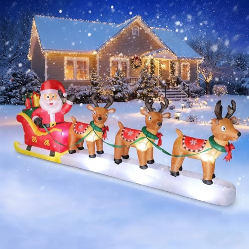 12FT Long Christmas Inflatables Santa Claus with Reindeers Outdoor Decorations, Christmas Blow Up Yard Decorations with Built-in LED Lights, Reindeers Pull Sleigh for Xmas Party Decor Yard Garden Lawn