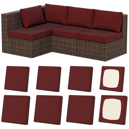 8Pcs Stretch Patio Cushion Covers, Outdoor Couch & Sofa Replacement Slipcovers for Patio Furniture Cushion Covers, Washable Reusable Furniture Protector, Square-Large + Square-Small, Wine Red