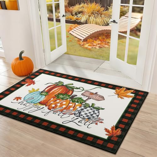 U'Artlines Fall Front Door Mat, 32"48" Vintage Truck Pumpkin Resist Dirt Doormats, Non-Slip Low-Profile Inside Floor Mat Washable Entrance Mats Happy Fall Orange