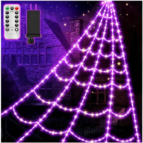 Spider Webs Halloween Decorations Lights - 450 LEDs Outdoor Halloween String Lights with 60" Light Up Spider,8 Modes Remote Control 16.4Ft Spiderweb,Waterproof (New Orange-Purple Grid Luminous Net)