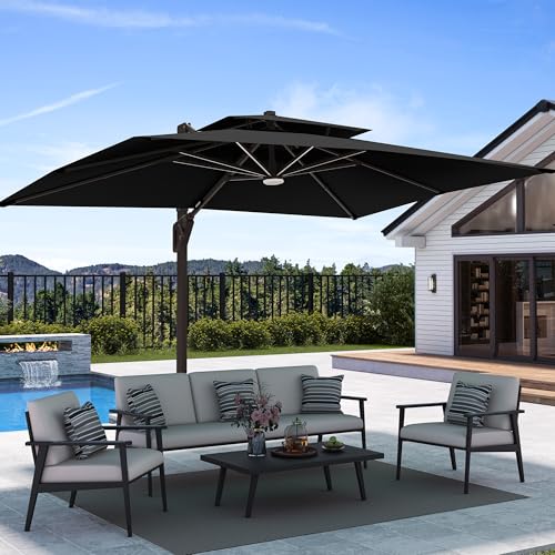9' X 12' Cantilever Patio Umbrella with Base Included 360Rotation Rectangular Outdoor Large Offset Umbrellas Double Top Heavy Duty Windproof for Garden Deck Pool Backyard, Black
