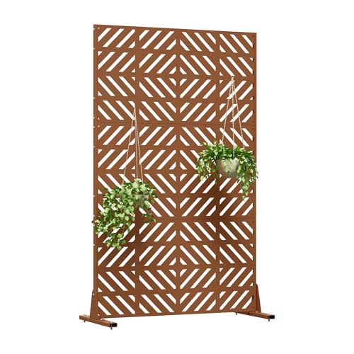 Metal Privacy Screen for Outdoor Freestanding Privacy Screens, 72" H x 44" W Brown Metal Fence Panels with Stand, Patio Divider Screens for Outside Deck Balcony Garden and Indoor