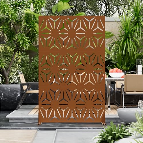 Metal Privacy Screen for Outdoor Freestanding Privacy Screens, 72" H x 44" W Patio Metal Fence Panels with Stand, Portable Brown Screens for Outside Deck Balcony Garden and Indoor