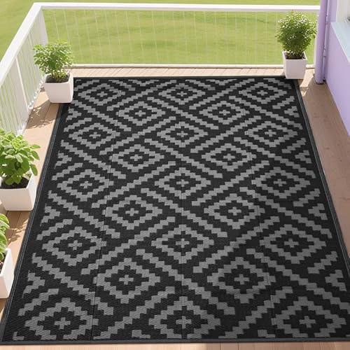 RURALITY Outdoor Rugs 8x10 Feet for Patios Clearance,Plastic Straw Waterproof Mats for Backyard,Porch,Deck,Balcony,Black&Deep Grey