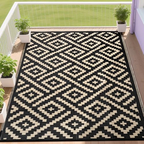 RURALITY Outdoor Rugs 8x10 Feet for Patios Clearance,Plastic Straw Waterproof Mats for Backyard,Porch,Deck,Balcony,Black&Beige