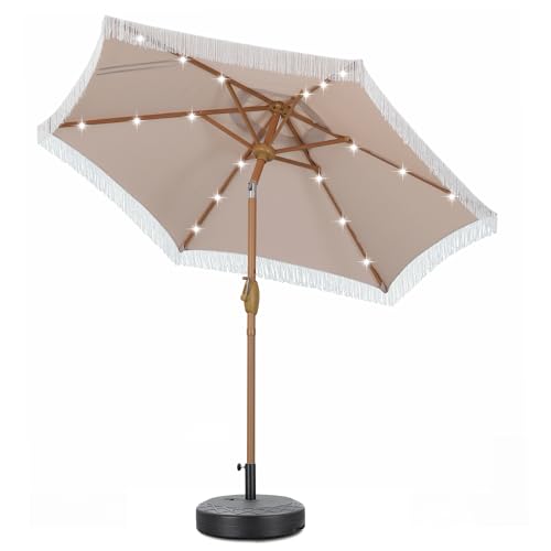 GDY 7.5 ft Fringe Patio Umbrella with Base, Stylish Tassel Umbrella with 18 LED Solar Lights for Outdoor Shade and Illumination, Camel