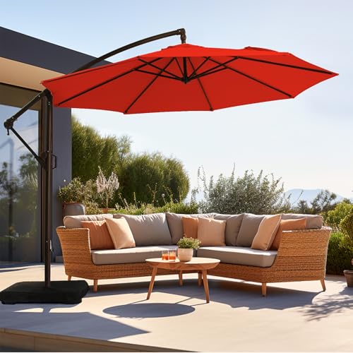 wikiwiki 10ft Patio Umbrella with Base Included, Outdoor Offset Cantilever Umbrella, Infinite Tilt, Crank and Cross Base, Light Red
