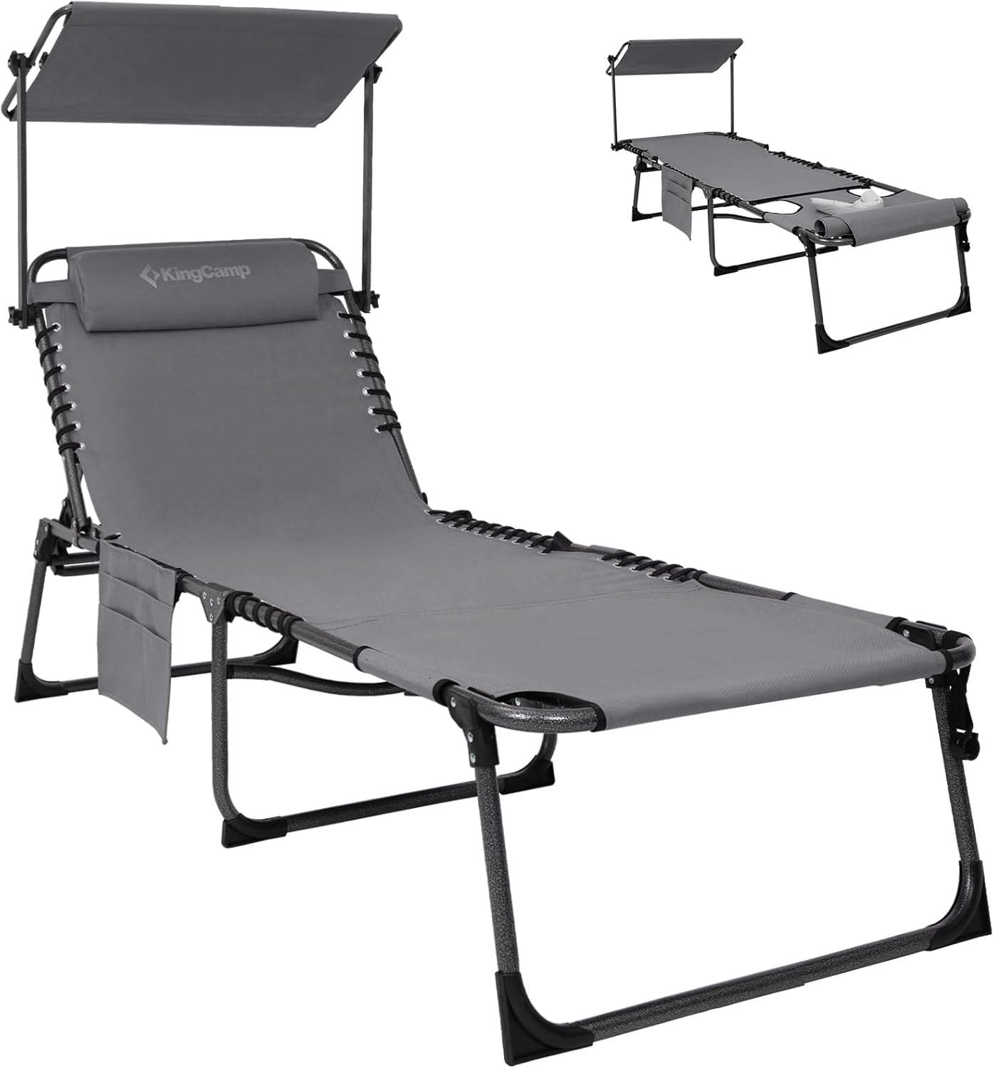 KingCamp Tanning Chair with Face Hole, Lounge Chairs Outdoor Folding Portable Comfy Adjustable 5-Position Foldable Chaise Chaser with Canopy Shade for Outside Beach Patio Sun Bathing Pool, Grey