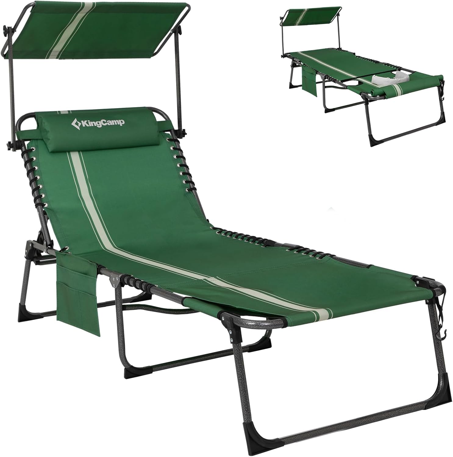 KingCamp Tanning Chair with Face Hole, Lounge Chairs Outdoor Folding Portable Comfy Adjustable 5-Position Foldable Chaise Chaser with Canopy Shade for Outside Beach Patio Sun Bathing Pool, Green/White