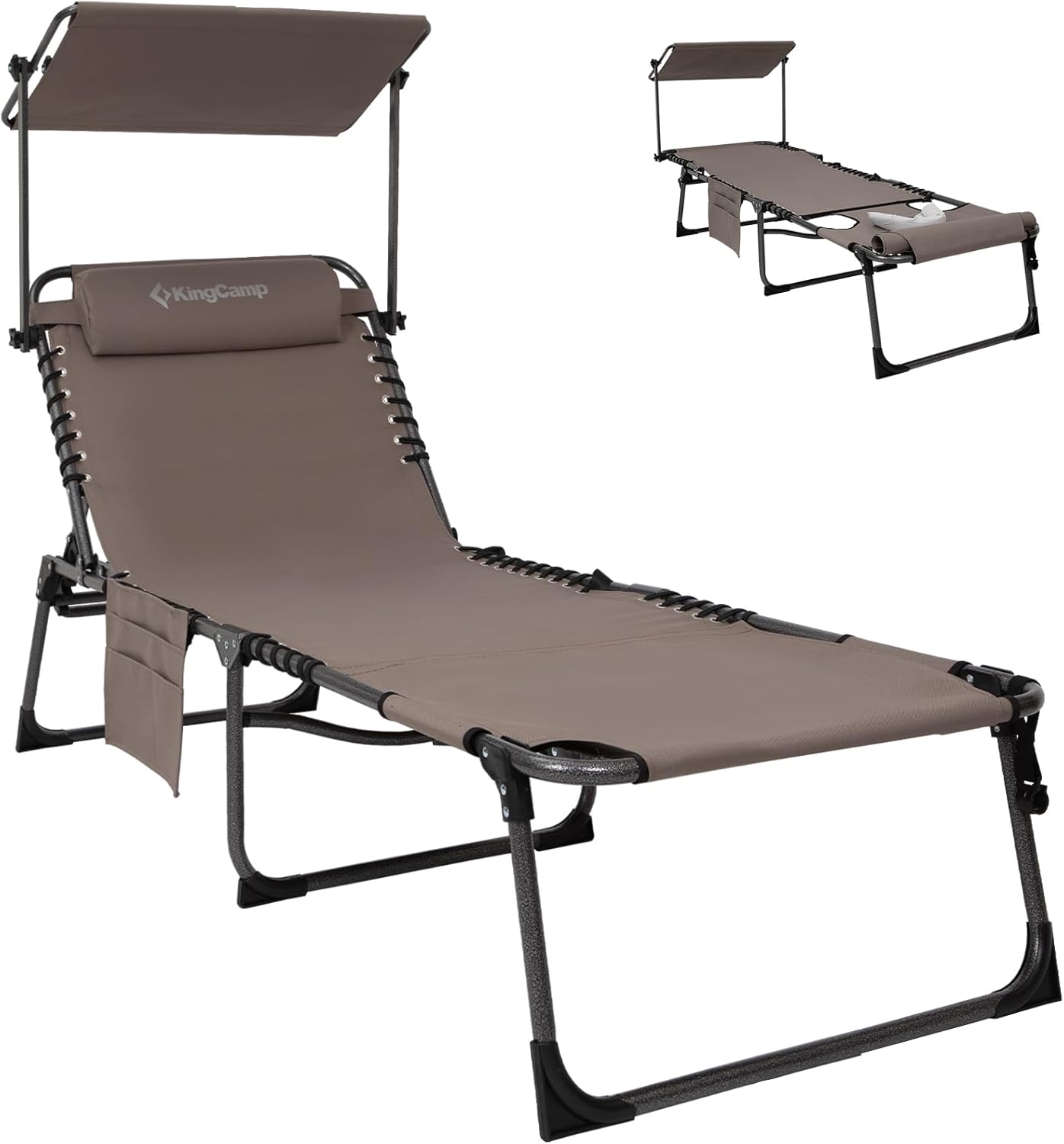 KingCamp Tanning Chair with Face Hole, Lounge Chairs Outdoor Folding Portable Comfy Adjustable 5-Position Foldable Chaise Chaser with Canopy Shade for Outside Beach Patio Sun Bathing, Beige