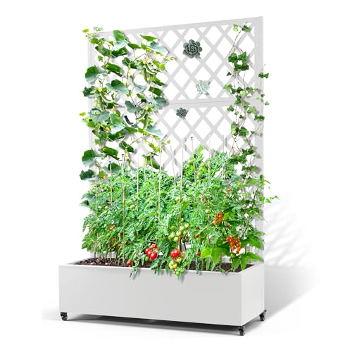 Metal Planter Box with Trellis & Wheels, Raised Garden Bed with Privacy Screen, Outdoor Standing Flower Beds with Drainage Hole for Climbing Plants, Vine, 47.2''L15.7''W70.9''H, White