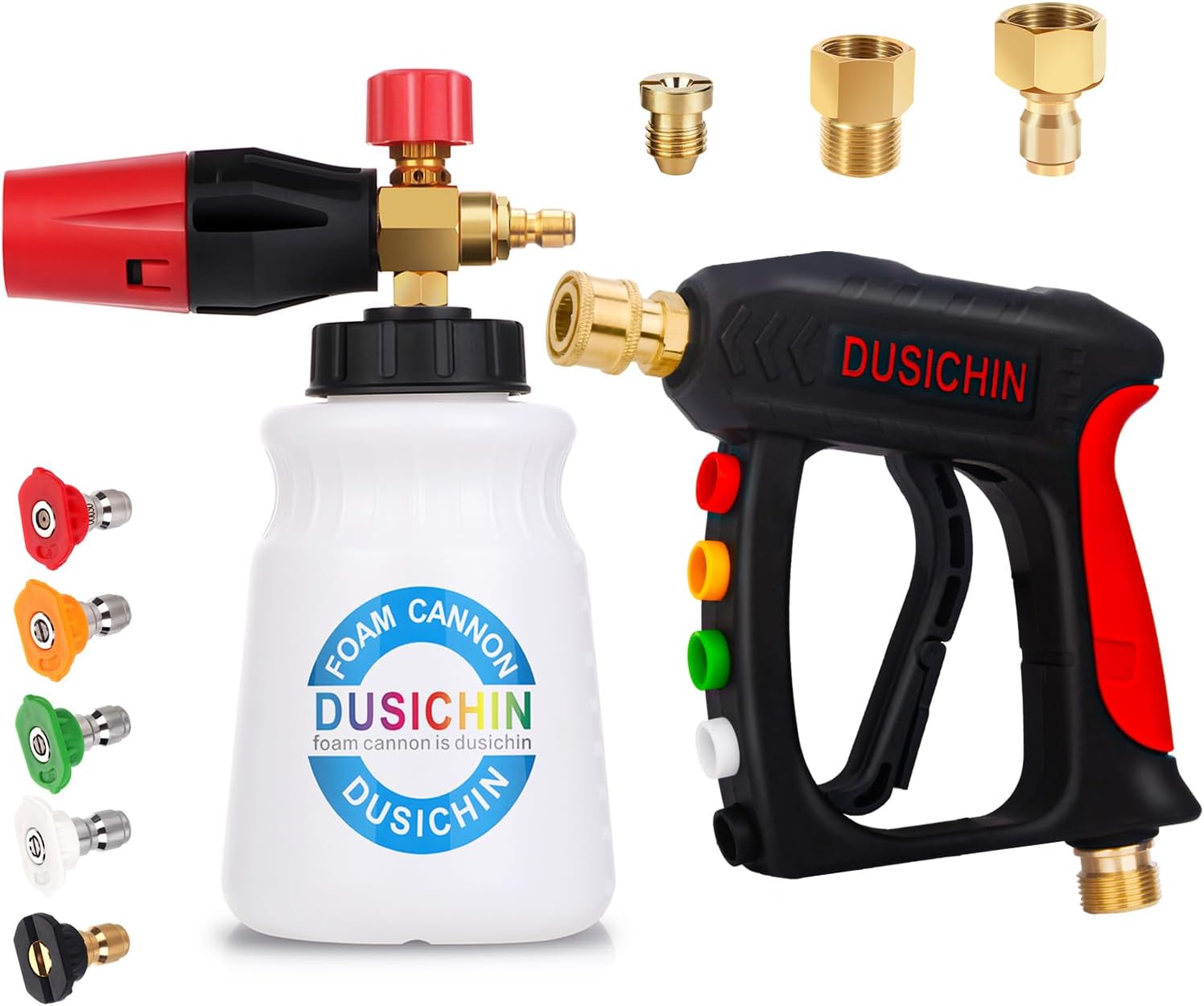 DUSICHIN Foam Cannon Short Pressure Washer Gun 1/4 Inch Quick Connector,5 Pressure Washer Nozzle Tips Car Wash Foam Gun 3/8'' Swivel Quick Connector,M22-14mm M22-15mm Fitting,Not Use with Garden Hose