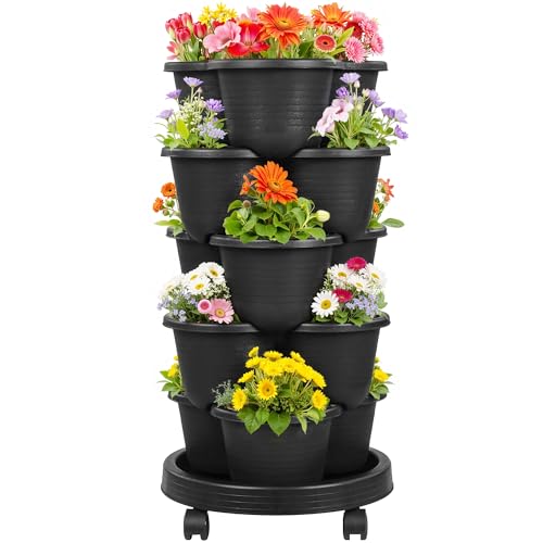 VECELO 5 Tier Vertical Garden Planter, Self Watering Stackable Planters with Wheels for Strawberries, Herbs, Flowers, Vegetables, Black