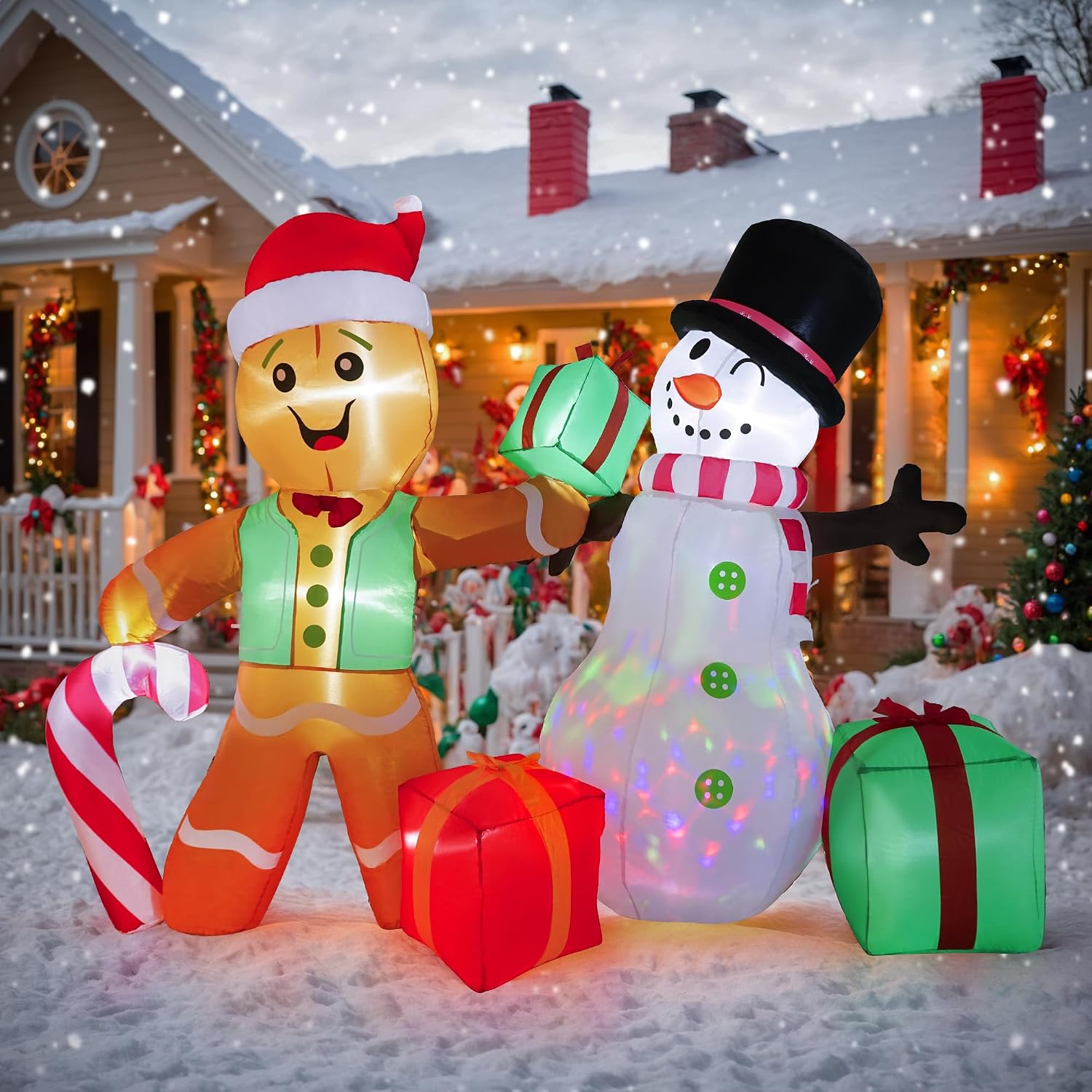 6FT Christmas Inflatables Outdoor Decorations, Giant Gingerbread Man & Snowman with Built-in Rotating LED Lights, Holiday Yard Decor for Lawn Garden Patio Party (Gingerbread Man Snowman)