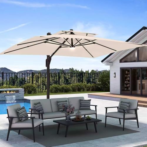 9' X 12' Cantilever Patio Umbrella with Base Included 360Rotation Rectangular Outdoor Large Offset Umbrellas Double Top Heavy Duty Windproof for Garden Deck Pool, Beige