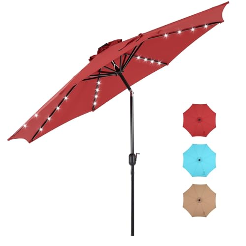 DUMOS 10 ft Patio Pool Umbrella with 32 LED Solar Lights, UV-Resistant Outdoor Table Umbrella with Tilt and Crank for Backyard, Deck, Garden and Beach