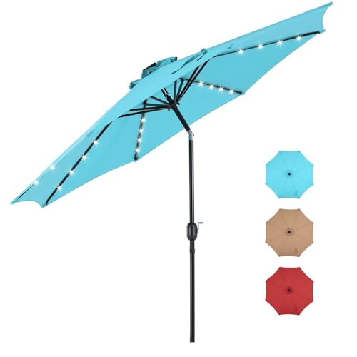 DUMOS 10 ft Patio Pool Umbrella with 32 LED Solar Lights, UV-Resistant Outdoor Table Umbrella with Tilt and Crank for Backyard, Deck, Garden and Beach