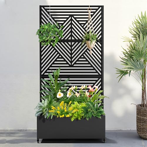 FENCY Metal Raised Garden Bed with Wheels and Trellis,73"x35"x16" Planter Box for Climbing Plants, Vegetables & Vines, Features Privacy Screen and Drainage Holes (Black-Modern)