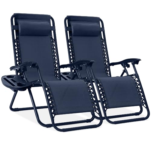 Best Choice Products Set of 2 Adjustable Steel Mesh Zero Gravity Lounge Chair Recliners w/Pillows and Cup Holder Trays - Navy